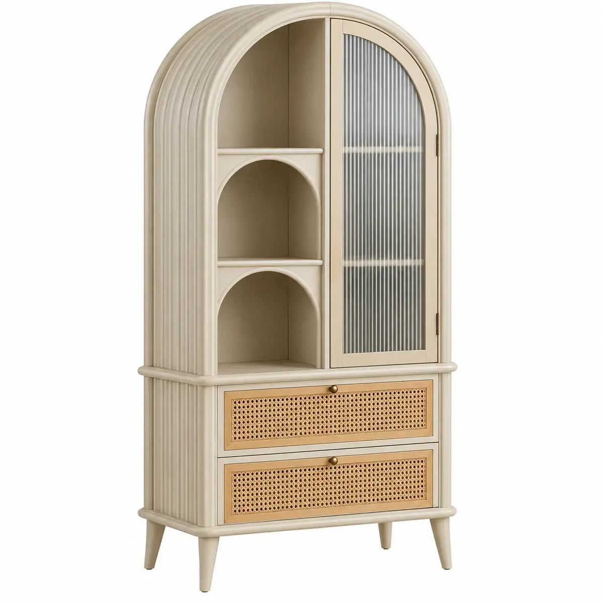 Välvt förvaringsskåp med hyllor och lådor – beige/brun