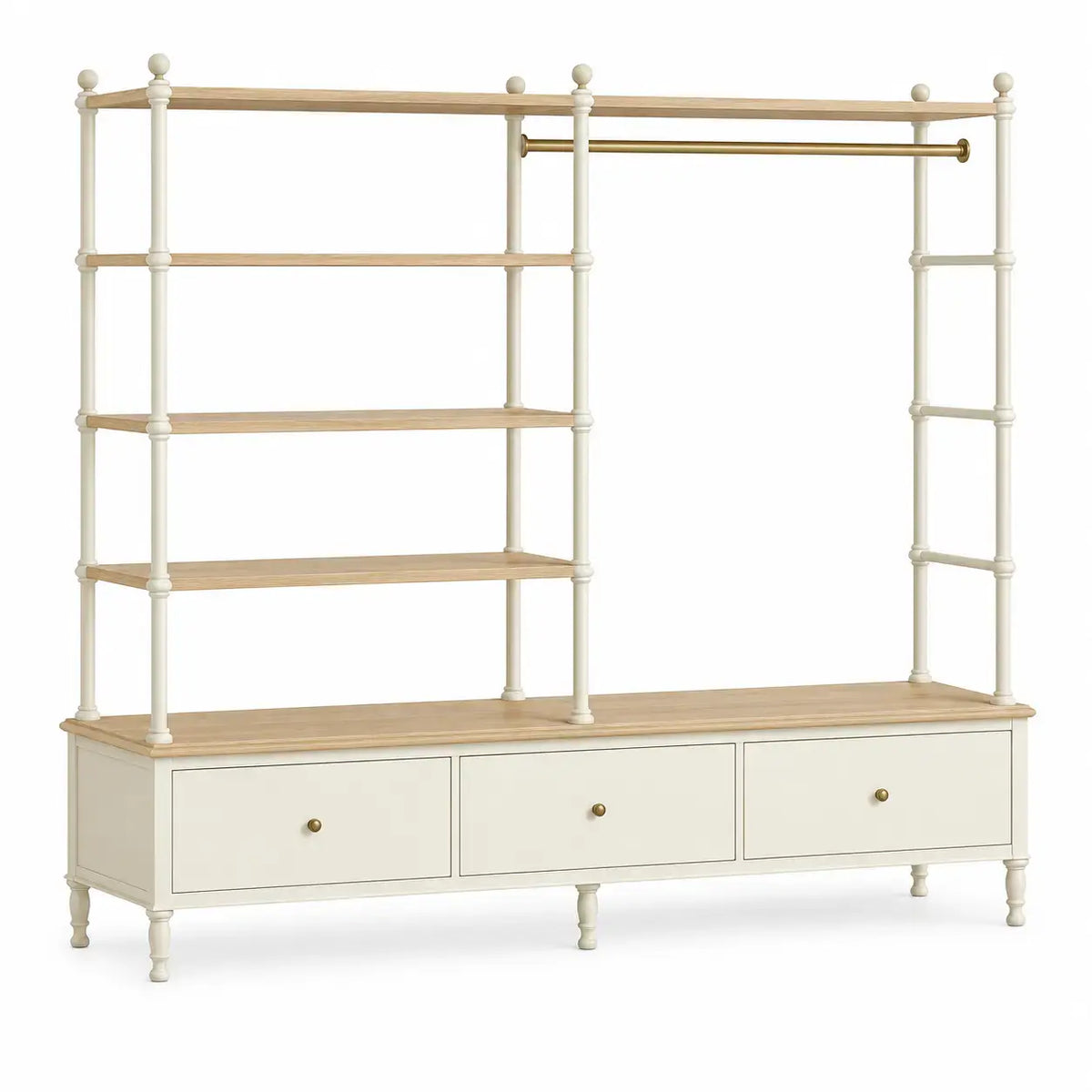 Öppen garderob med klädstång och nedre lådor – vit/beige