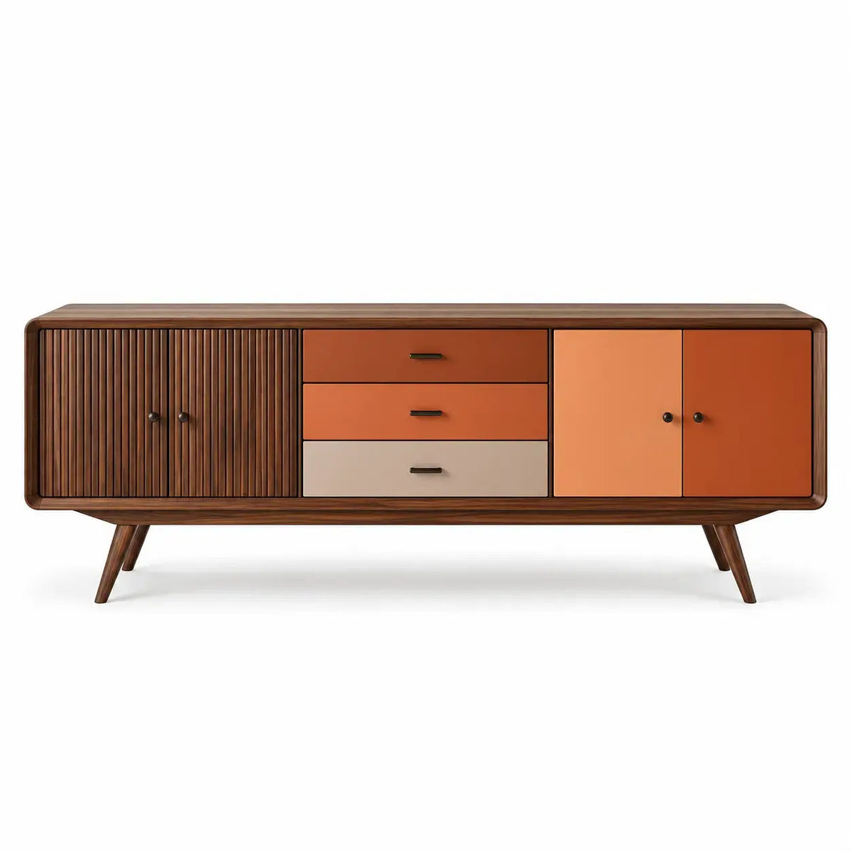 Skänk med färgdelade luckor och lådor – brun/orange/beige