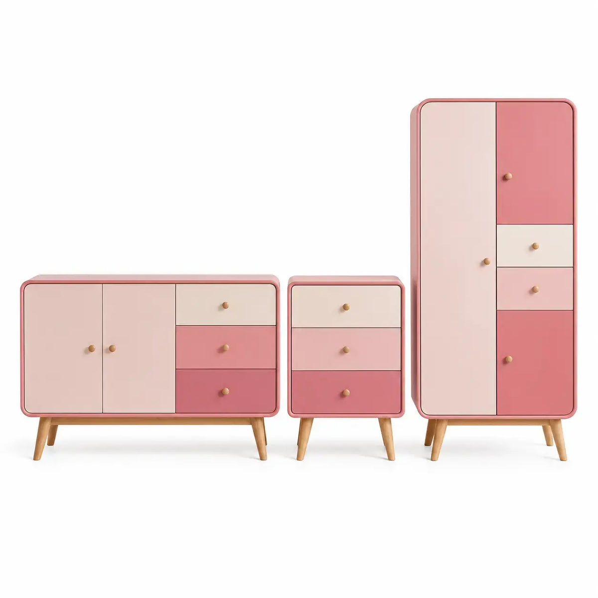 Förvaringsmöbler med färgdelade luckor och lådor – rosa/vit/brun