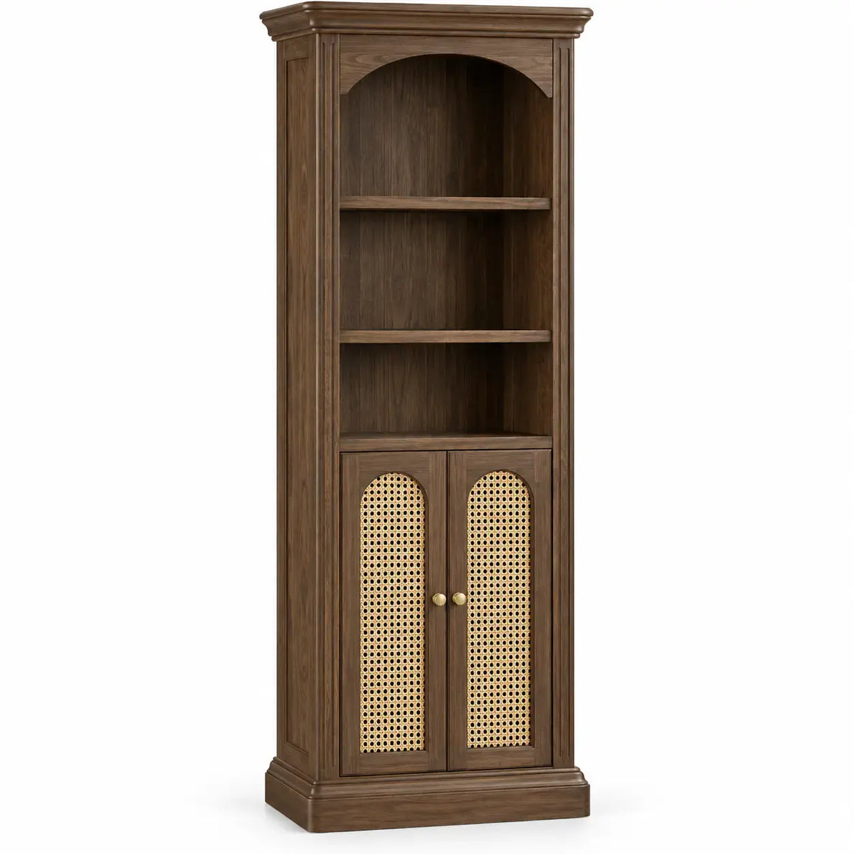 Hög bokhylla med välvd nisch och nedre luckor – brun/beige